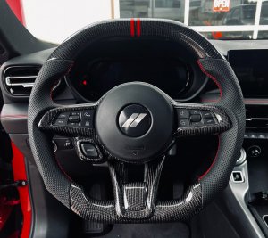 Dodge Hornet Custom Steering Wheel - Carbon Fiber - Flat Top/ Flat Bottom - w/ 2 Red Center Stripes - Perforated Leather